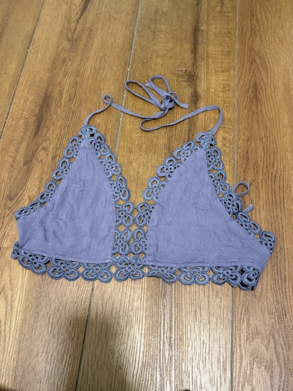 NWT ANGL Floral Crochet Trim Halter Bralette Denim Blue‎ Size M